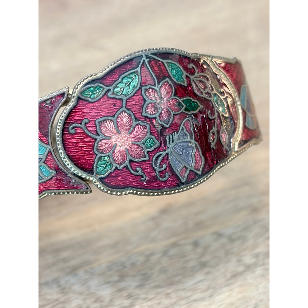 Vintage Red Cloisonne Enamel Butterfly Hinged Bangle Bracelet Floral Boho - Picture 7 of 11